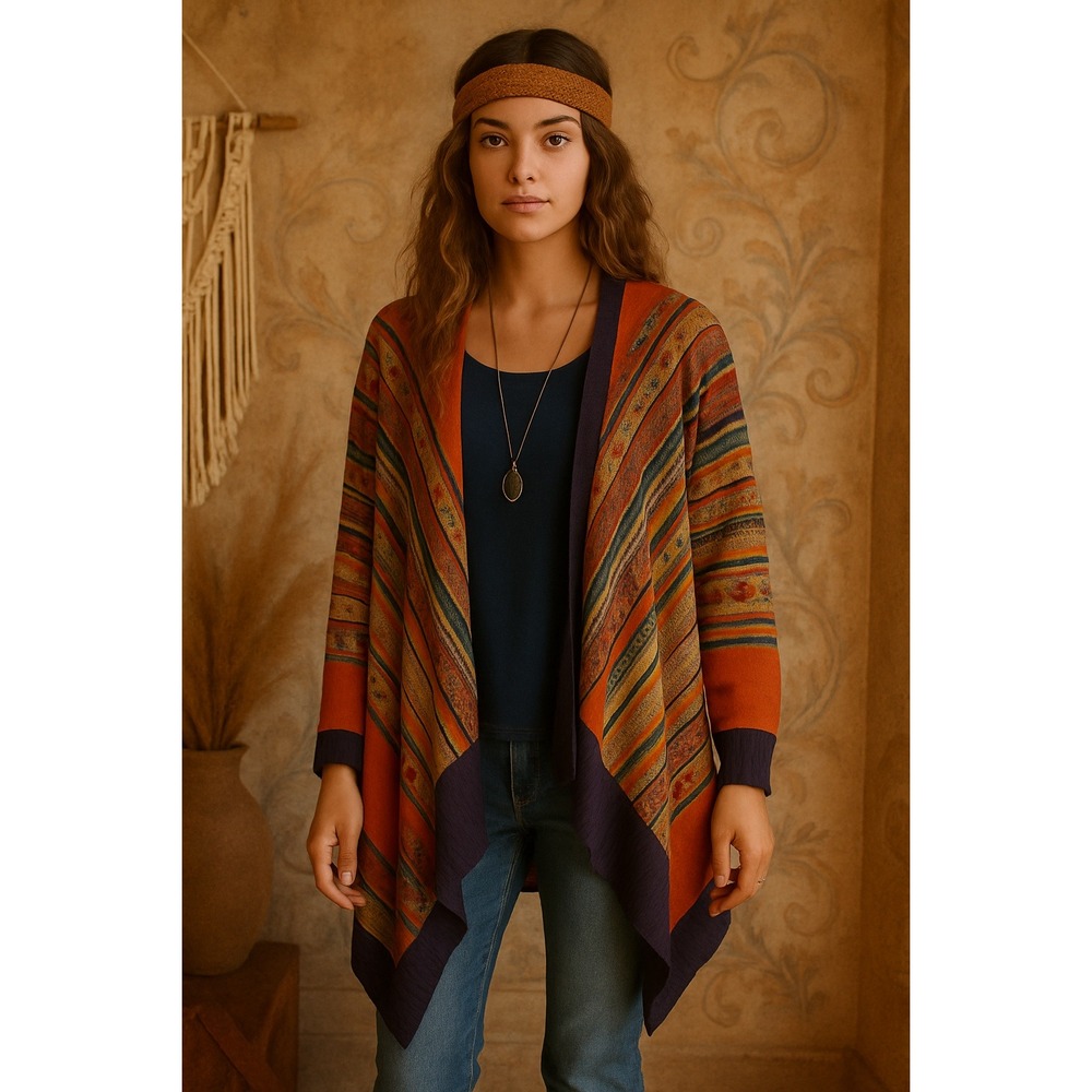 Freeway Wool Sweater Womens Medium Rust Mixed Print Open‎ Front Long Line Artsy